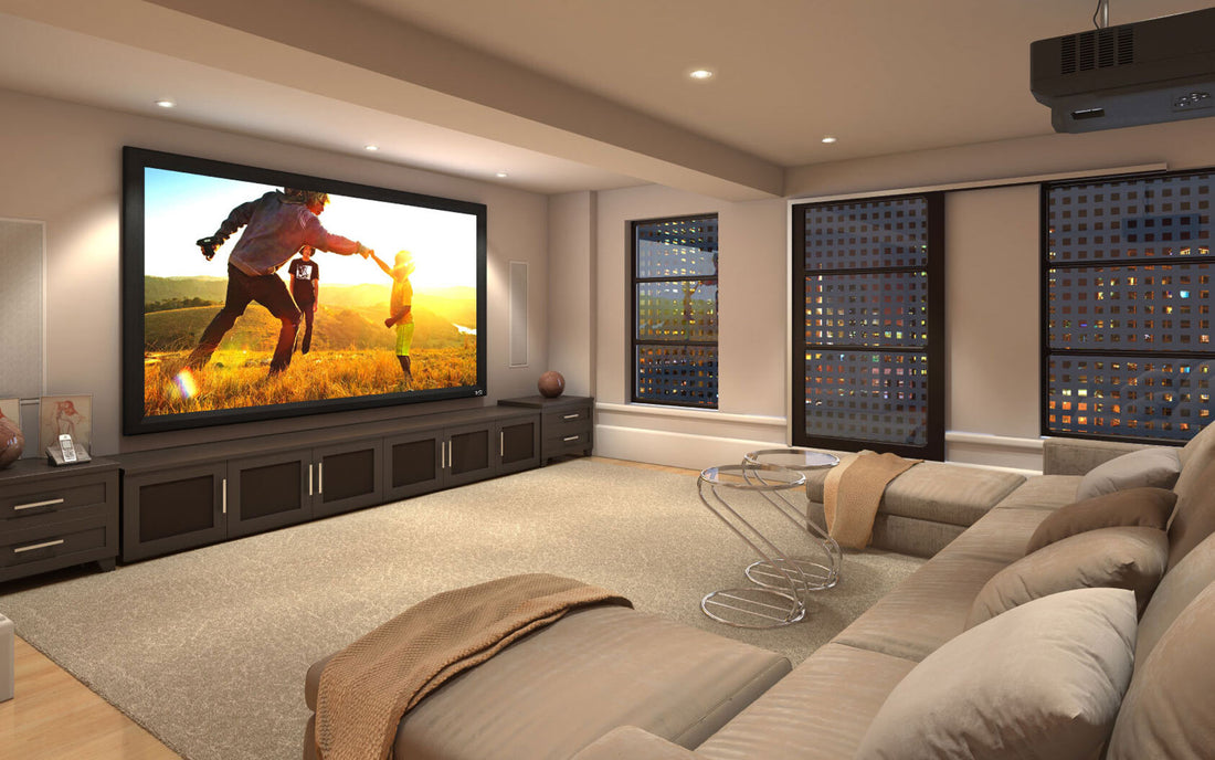 Modern home theater setup with a large wall-mounted screen displaying vibrant visuals, cozy seating, and sleek, minimalist design elements, showcasing a high-quality audio and video experience.