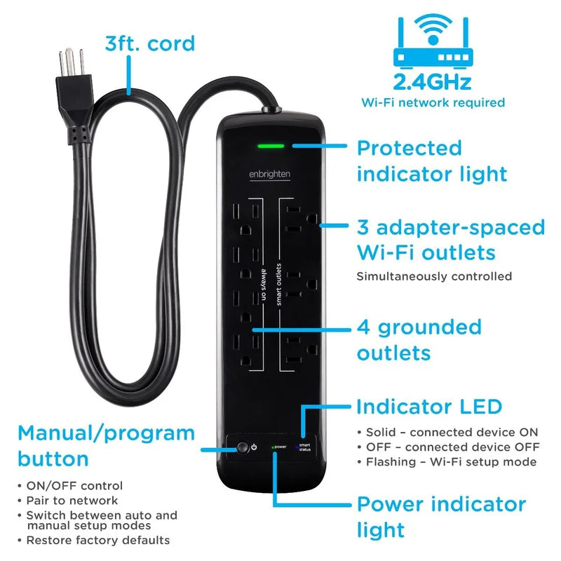 Enbrighten 54525 WiFi Controlled Surge Protector Power Bar, 3 FT Extension Cord, Black