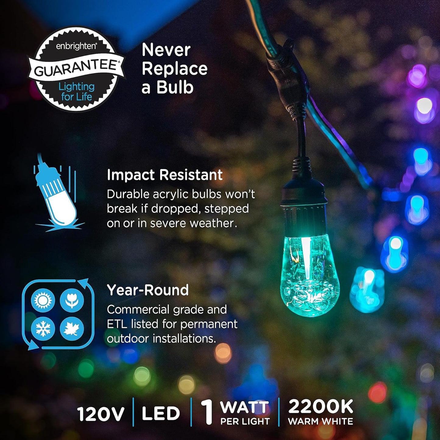 Enbrighten WiFi Season Colour Changing Classic LED Patio Cafe String Lights 24ft