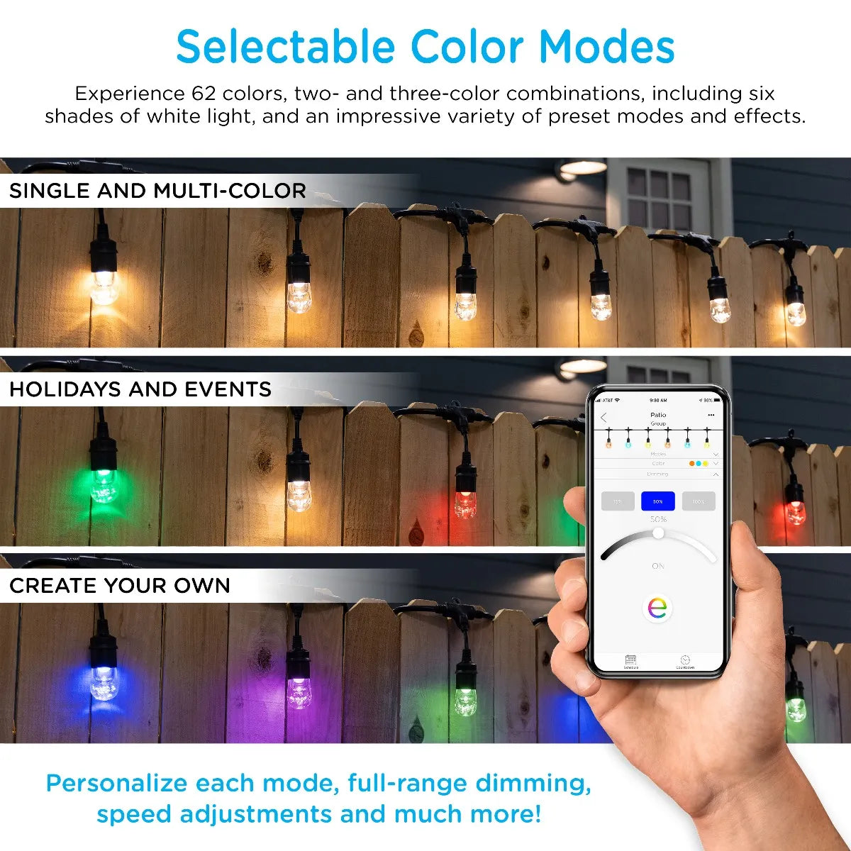 Enbrighten WiFi Seasons Colour Changing Classic LED Cafe Patio Lights, 48ft