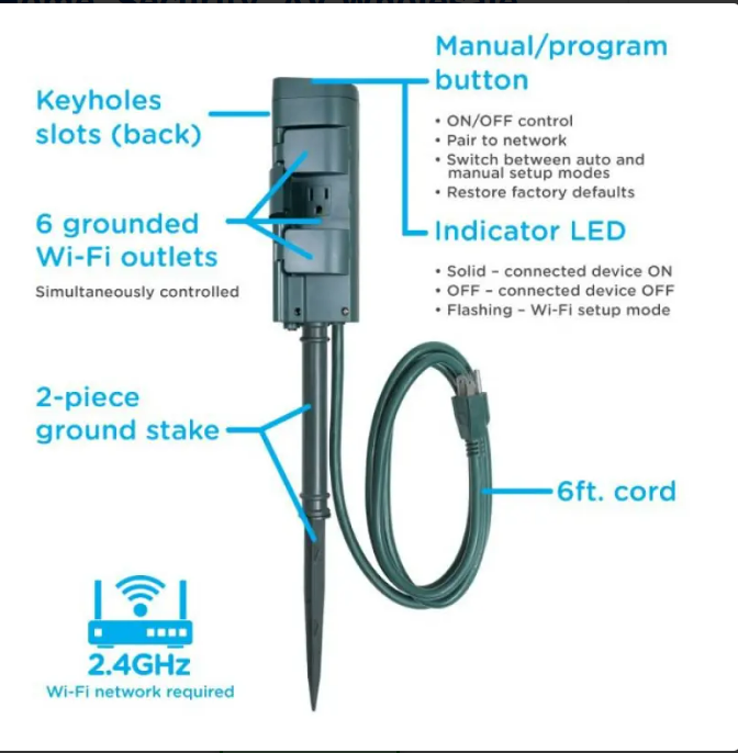 Enbrighten 51492 WiFi Smart Plug, Yard Stake, 6-Grounded Outlets, Simultaneous Control
